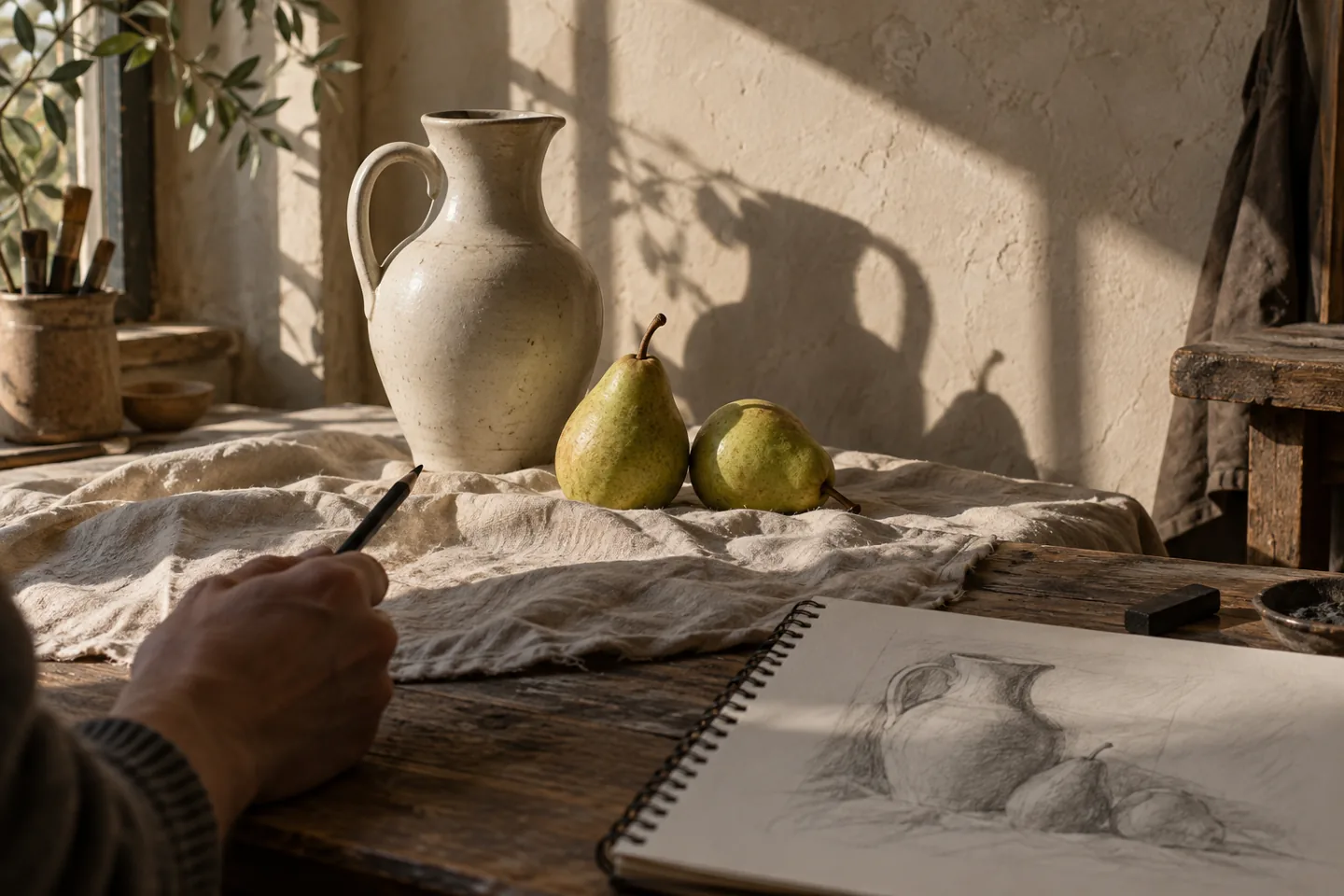 Estudio de una jarra y dos peras, con sombras y un cuaderno de dibujo en primer plano