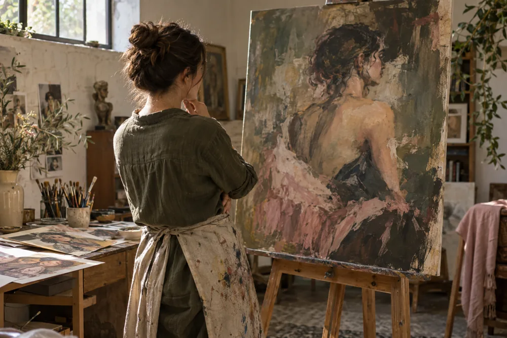 Una pintora contempla su obra y varios estudios dentro del atelier
