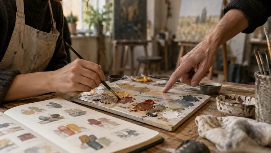 Manos de participante y maestro junto a una prueba de color y un cuaderno