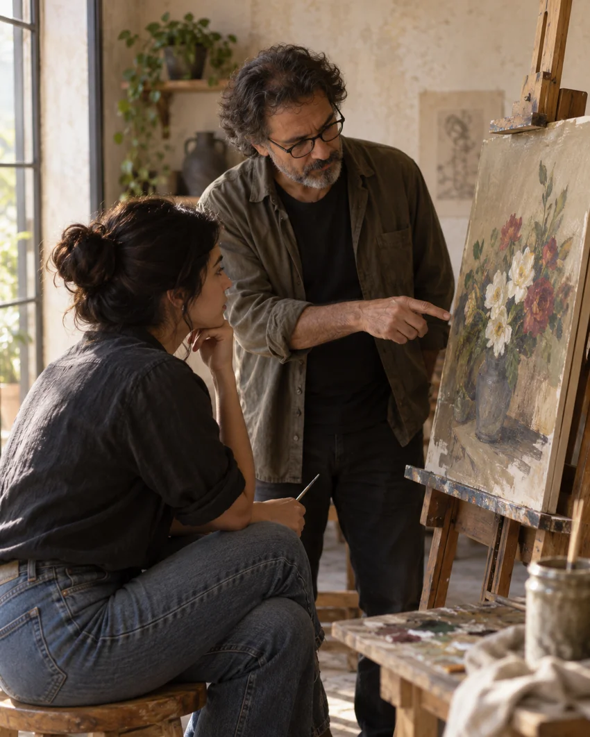 Maestro y alumna conversan sobre las decisiones de una pintura floral en proceso