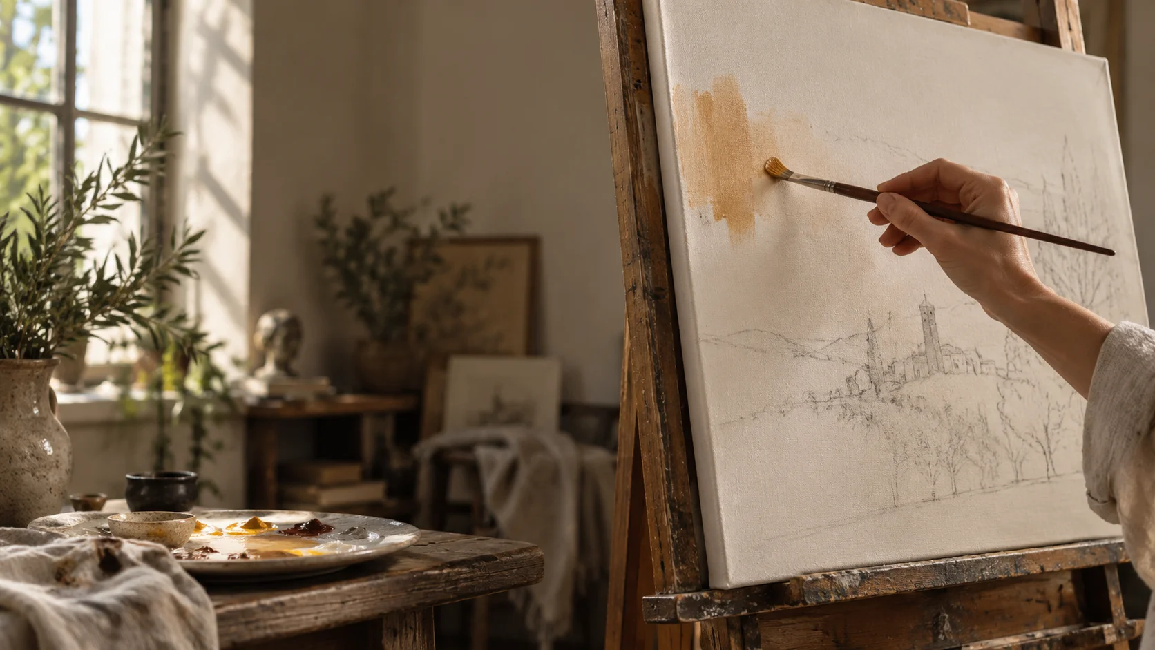 La primera pincelada sobre el dibujo de una nueva obra
