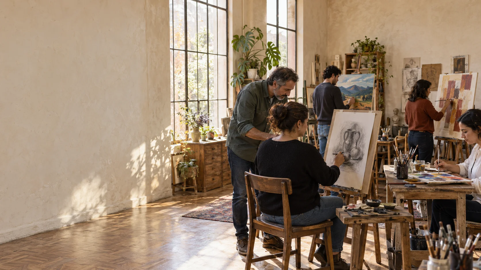 Adultos trabajando en proyectos diferentes mientras un maestro acompaña individualmente a una alumna