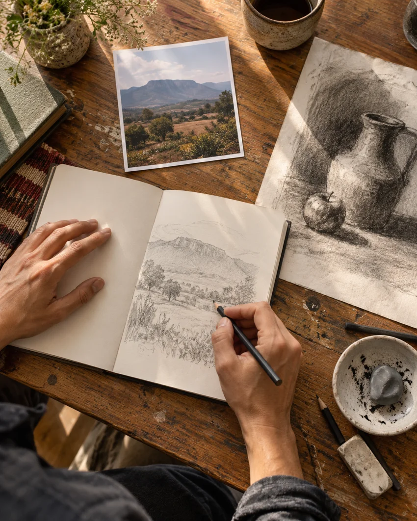 Una referencia de paisaje y un dibujo personal en el cuaderno de trabajo