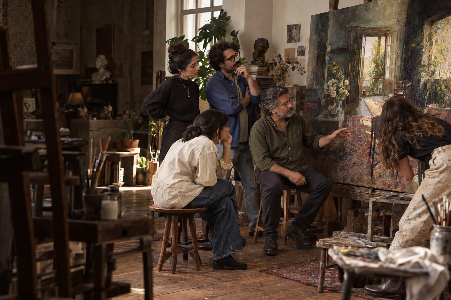 Un artista comparte una obra propia con alumnos que hacen una pausa para observarla