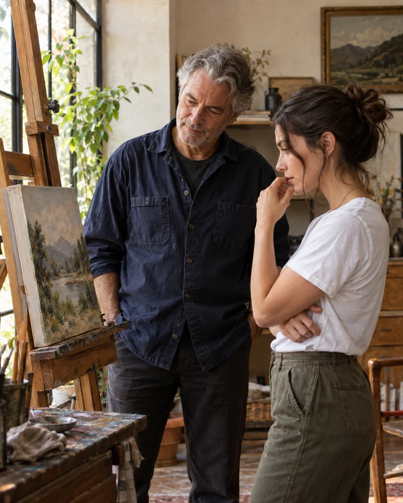 Un maestro escucha a una alumna junto a su obra