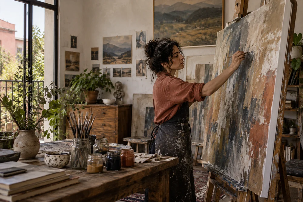 Una artista trabaja en su propia obra dentro del atelier