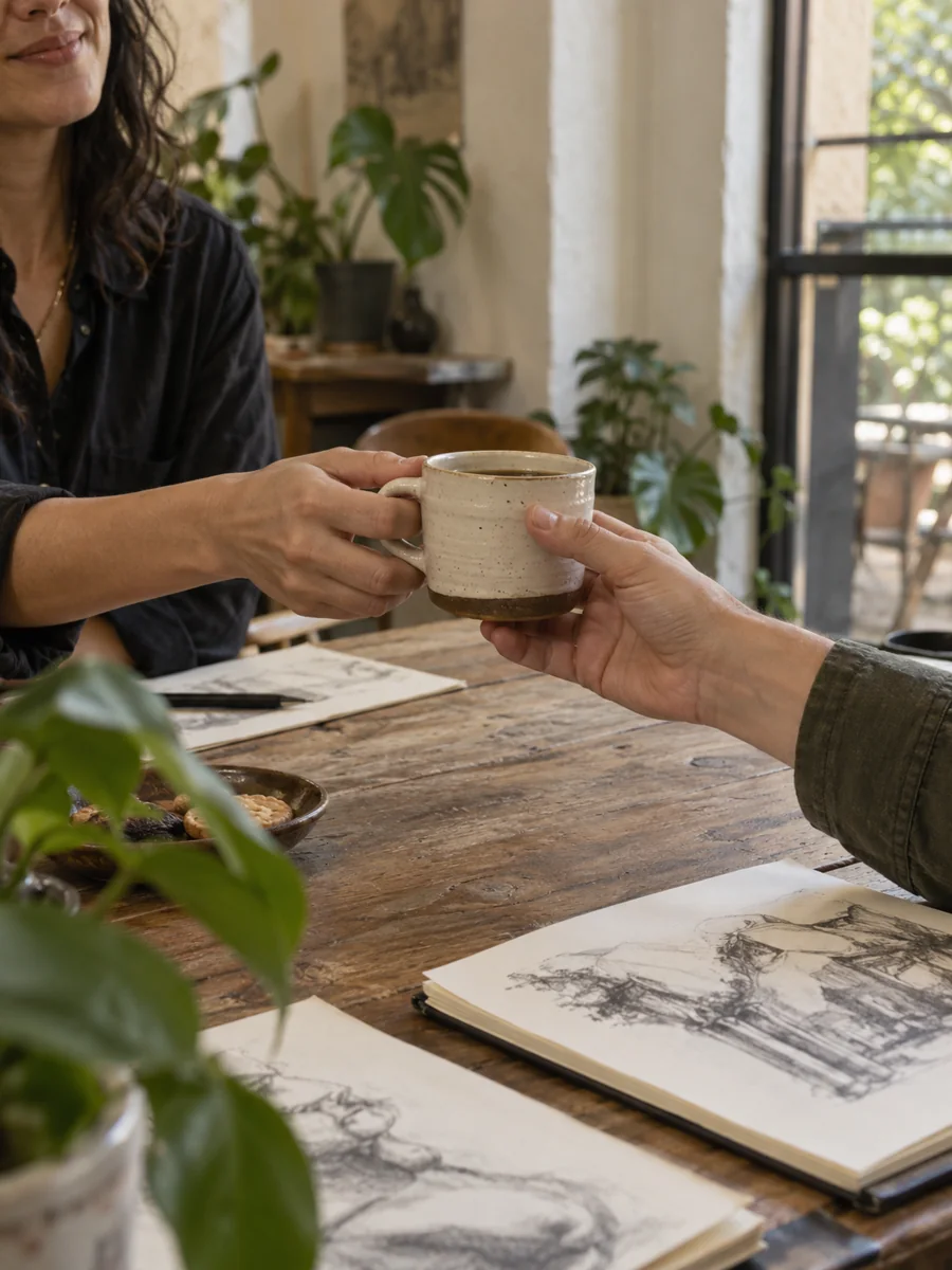 Un café pasa de mano en mano sobre una mesa con dibujos
