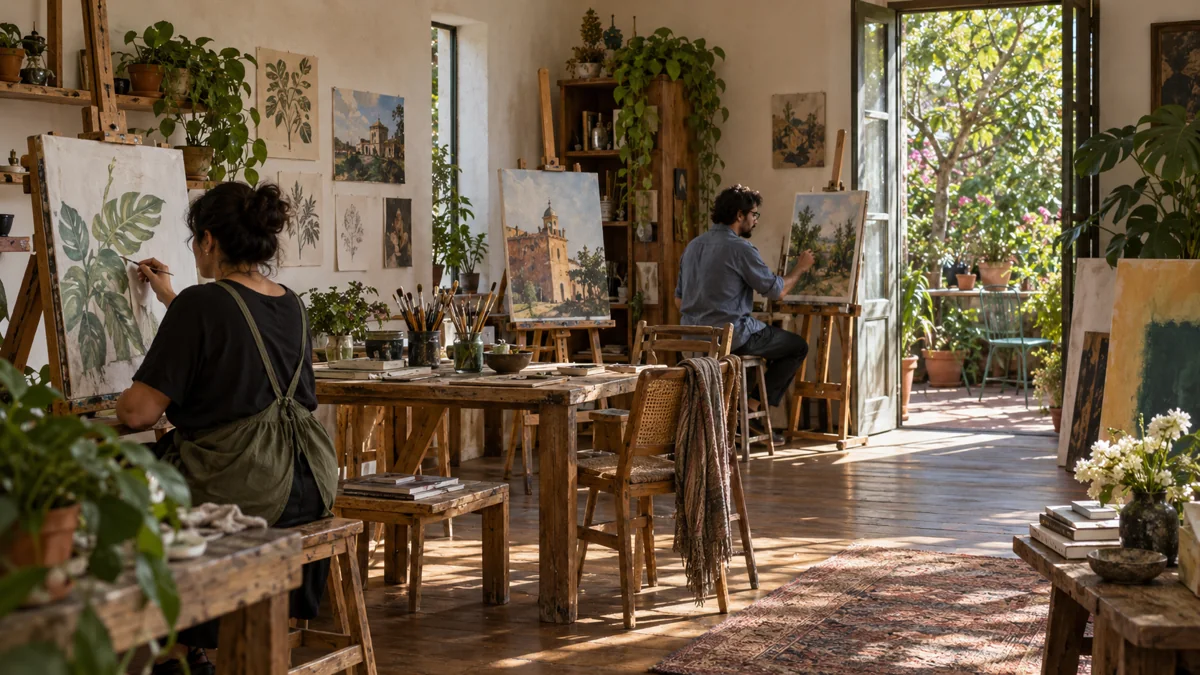 Vista representativa del espacio de Condesa: mesas, obras y luz natural