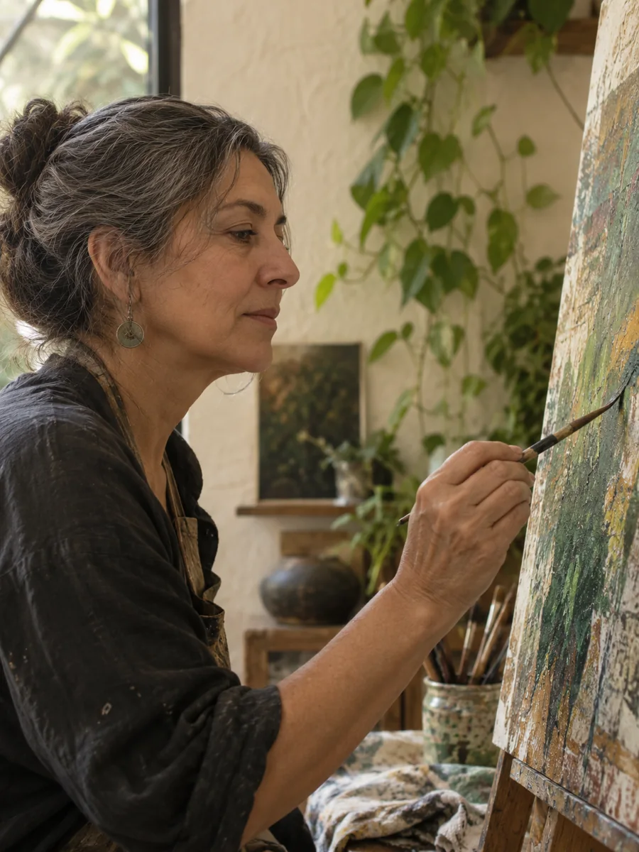 Una artista se detiene a observar los colores y las decisiones de su propia obra