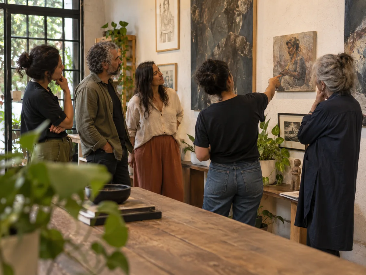 Personas intercambian ideas frente a las obras de una exposición íntima