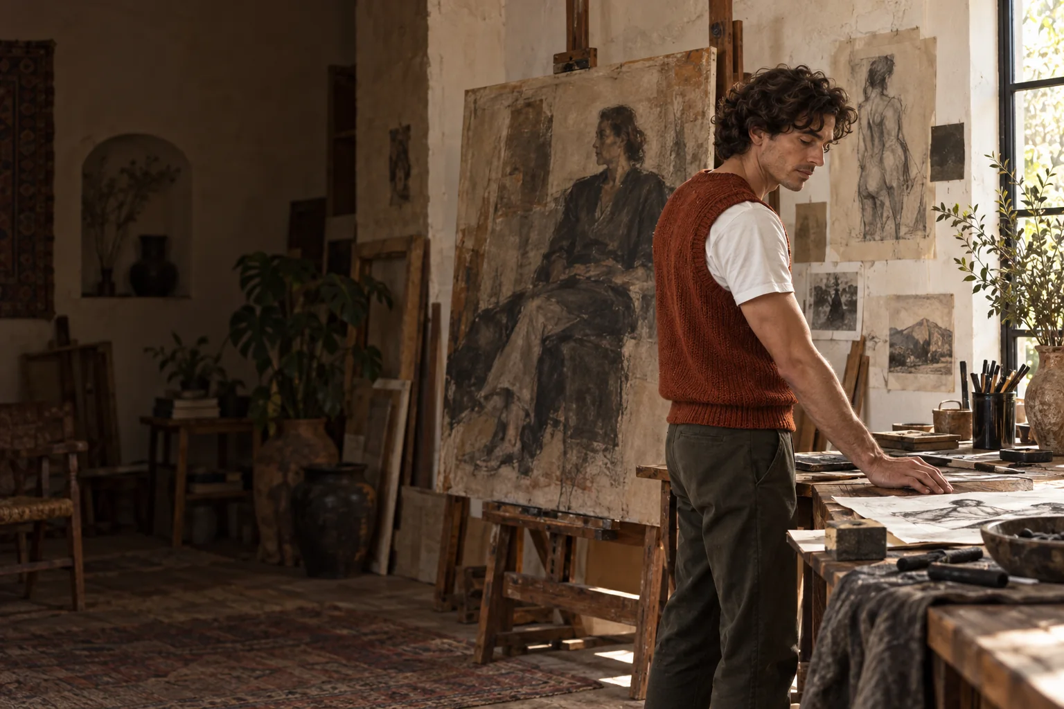 Santiago en su estudio, entre dibujos, lienzos y materiales, bajo una luz lateral cálida.