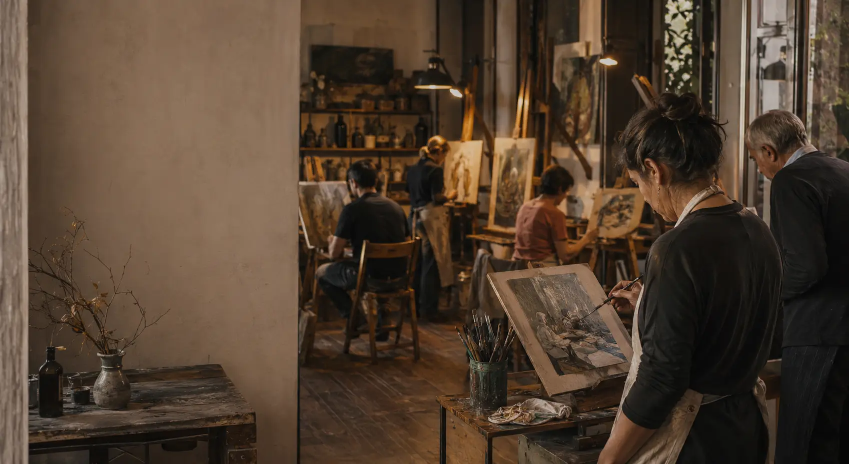 Artistas adultos trabajando en una experiencia intensiva de pintura