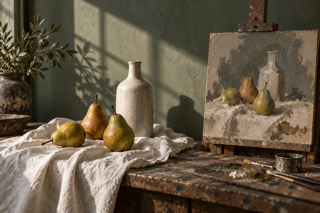 Estudio visual representativo de luz y naturaleza muerta al óleo