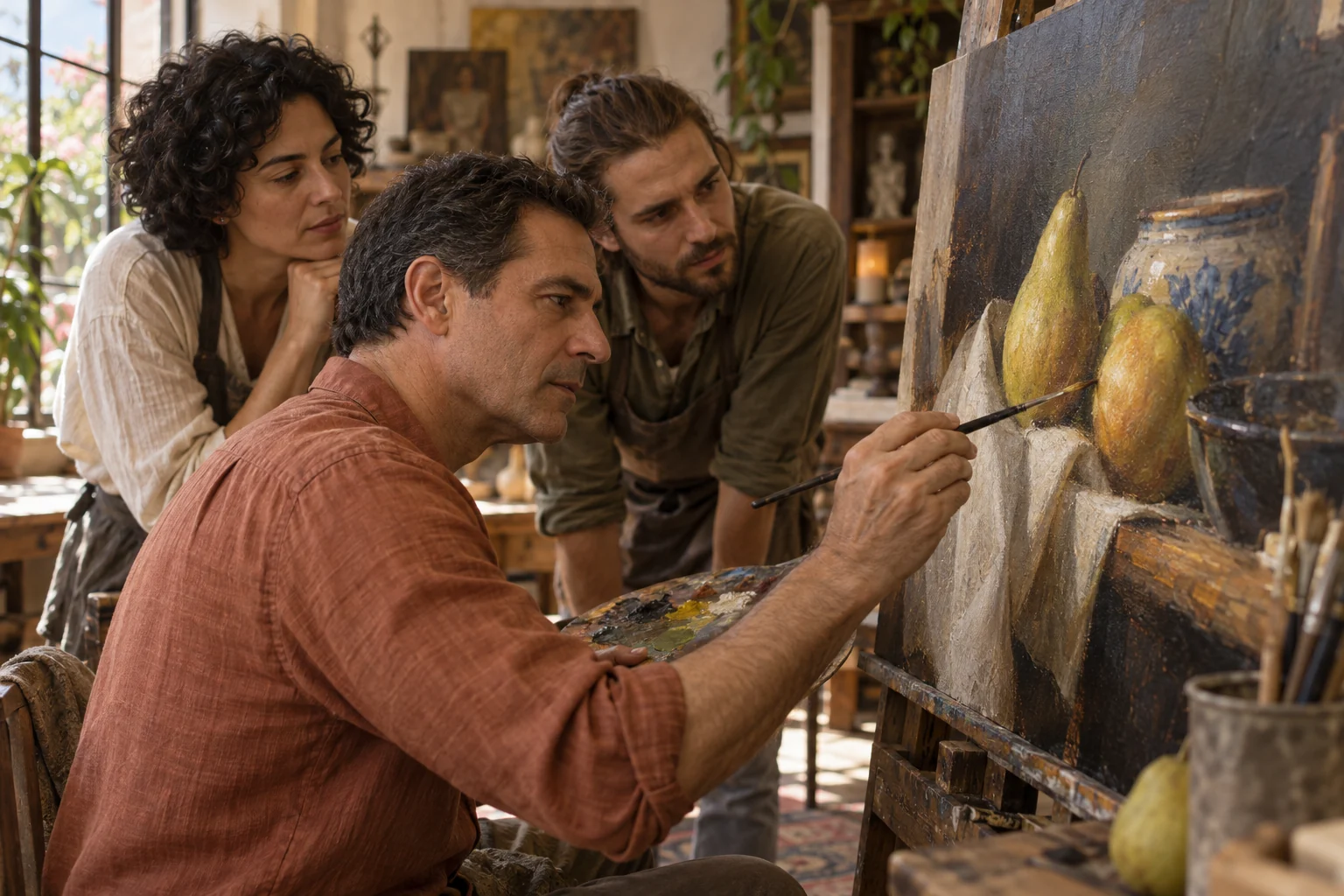 Escena representativa: un artista demuestra una decisión de luz y color ante dos participantes