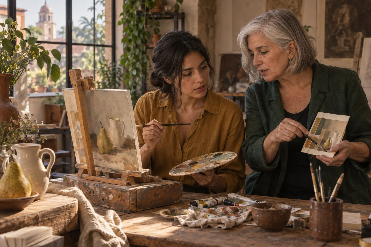 Escena representativa: una participante pinta su propia obra y conversa sobre el color con una artista
