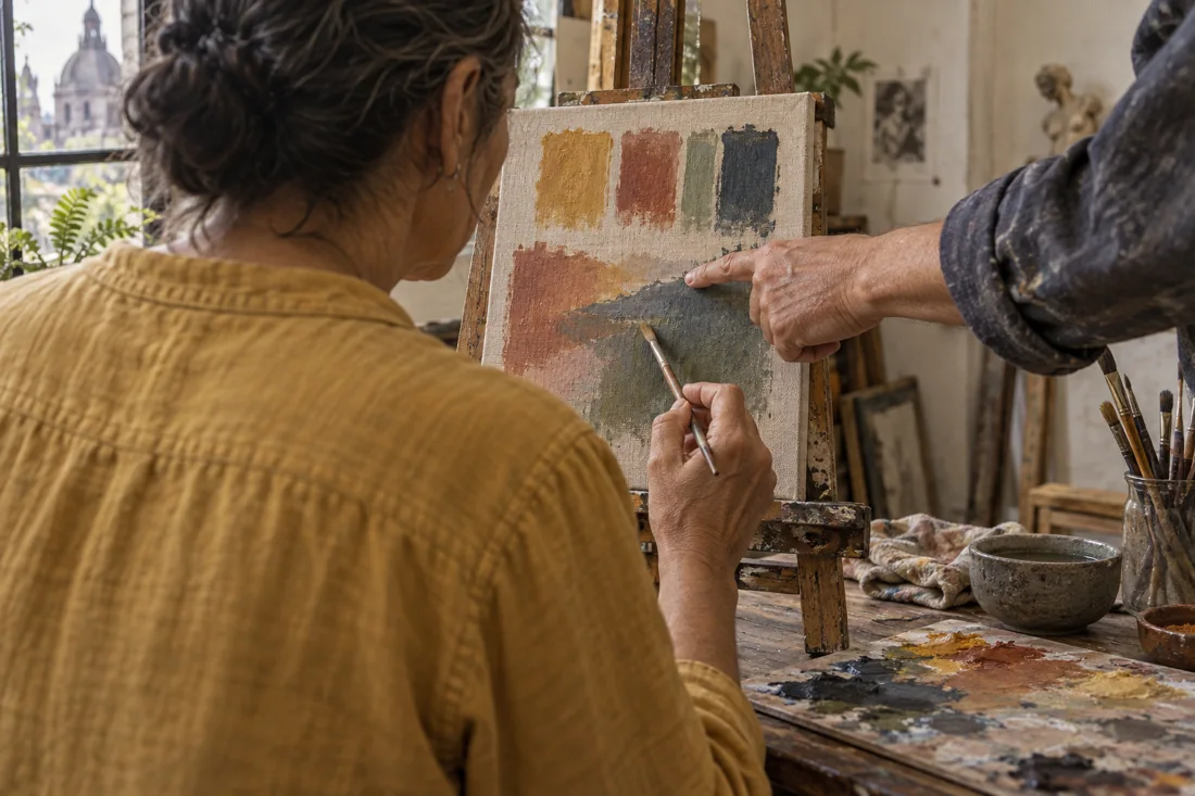 Escena representativa de práctica y acompañamiento durante un encuentro de pintura